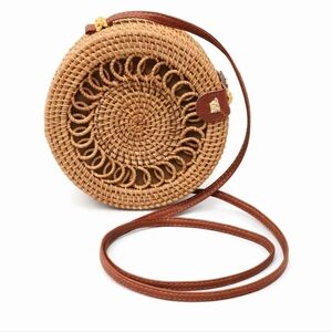Round Woven Raffia / Rattan Crossbody Bag Boho Straw Bag Brown